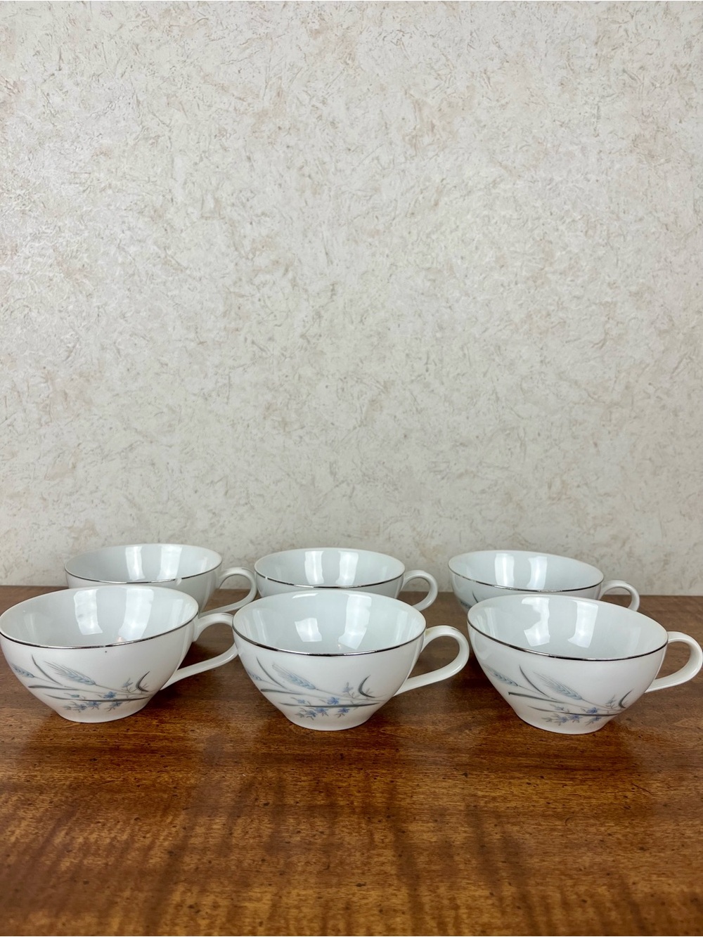 Vintage Castlecourt Fine China Blue Wheat Harvest 6 Teacups Floral Farmhouse